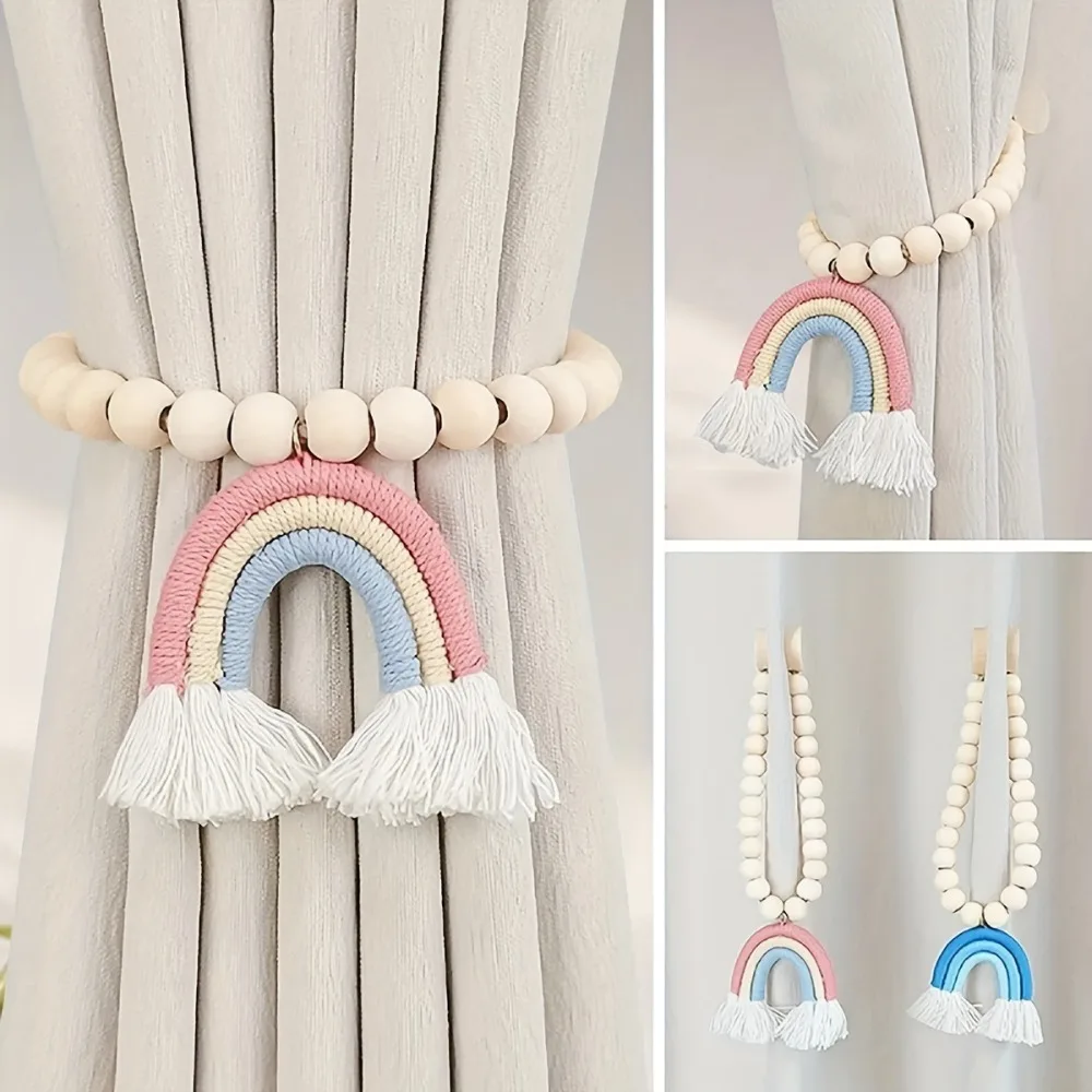 Three-color Rainbow Curtain Tiebacks Magnetic Buckle Cotton Linen Curtain Buckle Strap Rainbow Tassel Curtain Holders