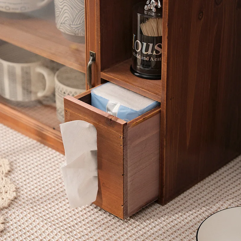 Storage rack with tissue box vintage double-layer wooden tea set tabletop storage box home kitchen cup dustproof cabinet