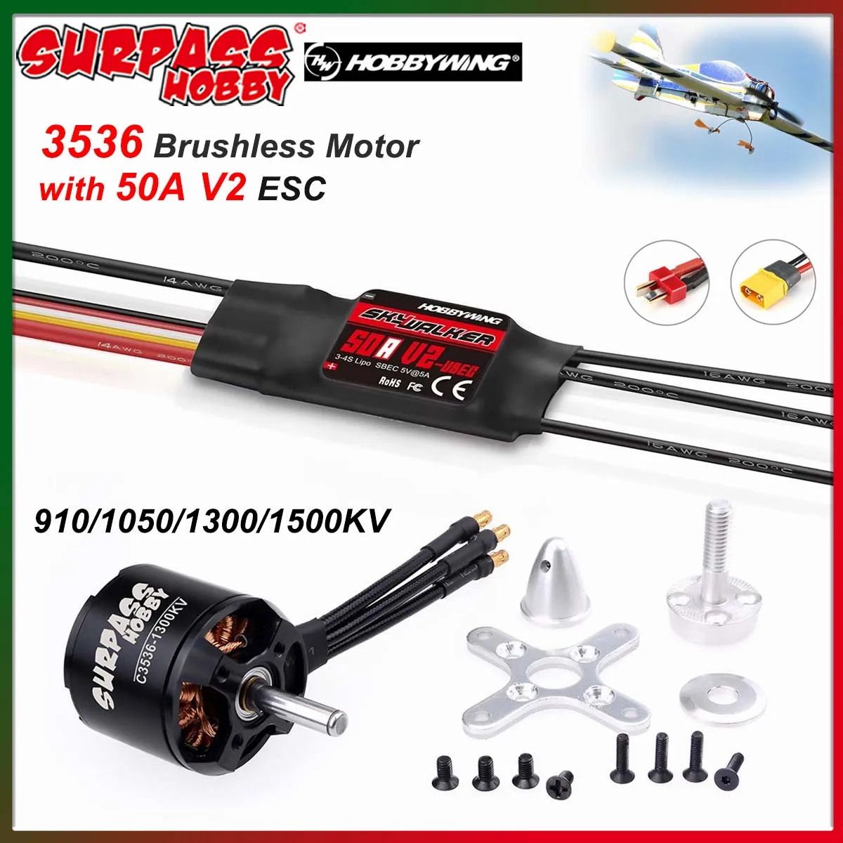 

SURPASS HOBBY 3536 Brushless Motor Skywalker V2 50A ESC Combo 910/1050/1300/1500KV for RC Fixed-wing Airplane Glider Warbirds
