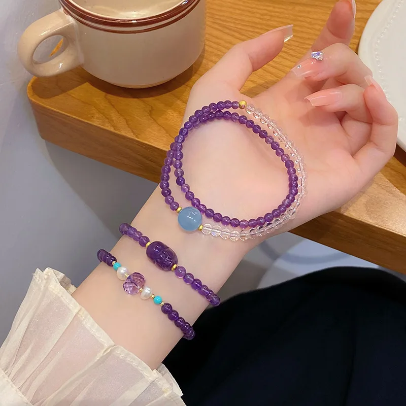 Ziqi Donglai New Chinese Natural Multi-Circle Amethyst Thin Light Luxury Handmade Minimalist Design Pixiu Bracelet