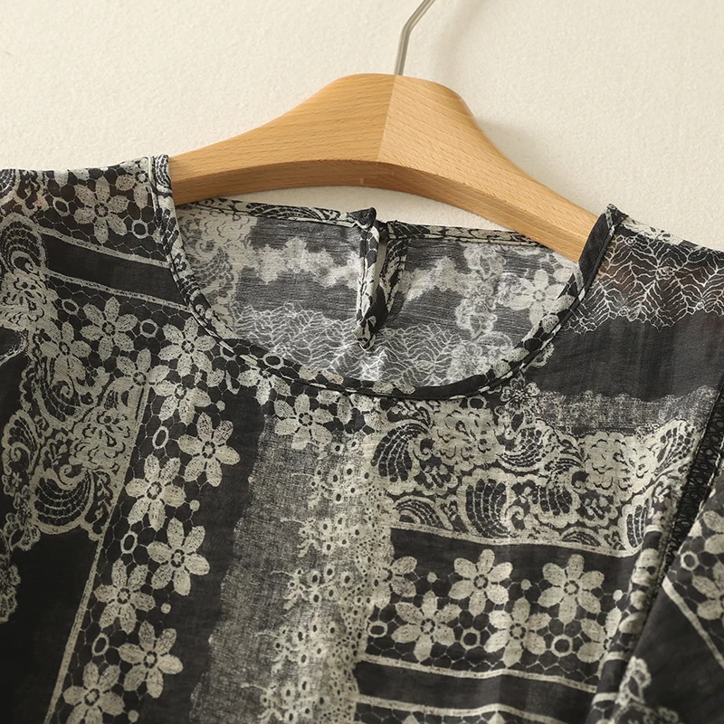 القطن قميص كتان المرأة 2025 صيف جديد جولة الرقبة نصف كم ريترو مطبوعة فضفاضة بلايز عادية بلوزة بوهو