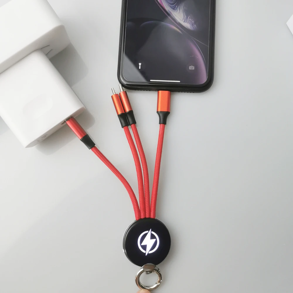 3 in 1 Short LED Keychain USB Charge Cable Micro USB Type C Lighting Cable For iPhone Samsung Huawei Xiaomi Android Phone Cable