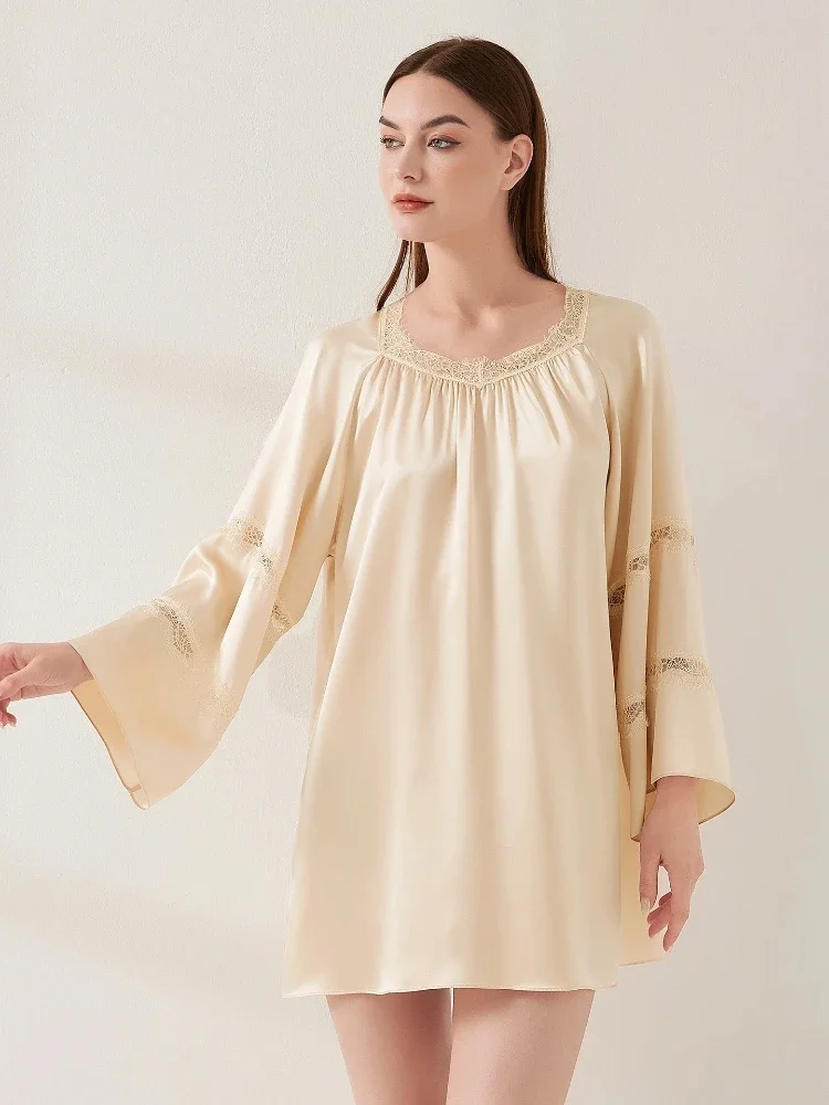 

Тяжелая сорочка из 100% тутового шелка с кружевной отделкой, 19 мм, ночная рубашка с длинными рукавами, ночная рубашка больших размеров, мини-платье, домашняя одежда для женщин