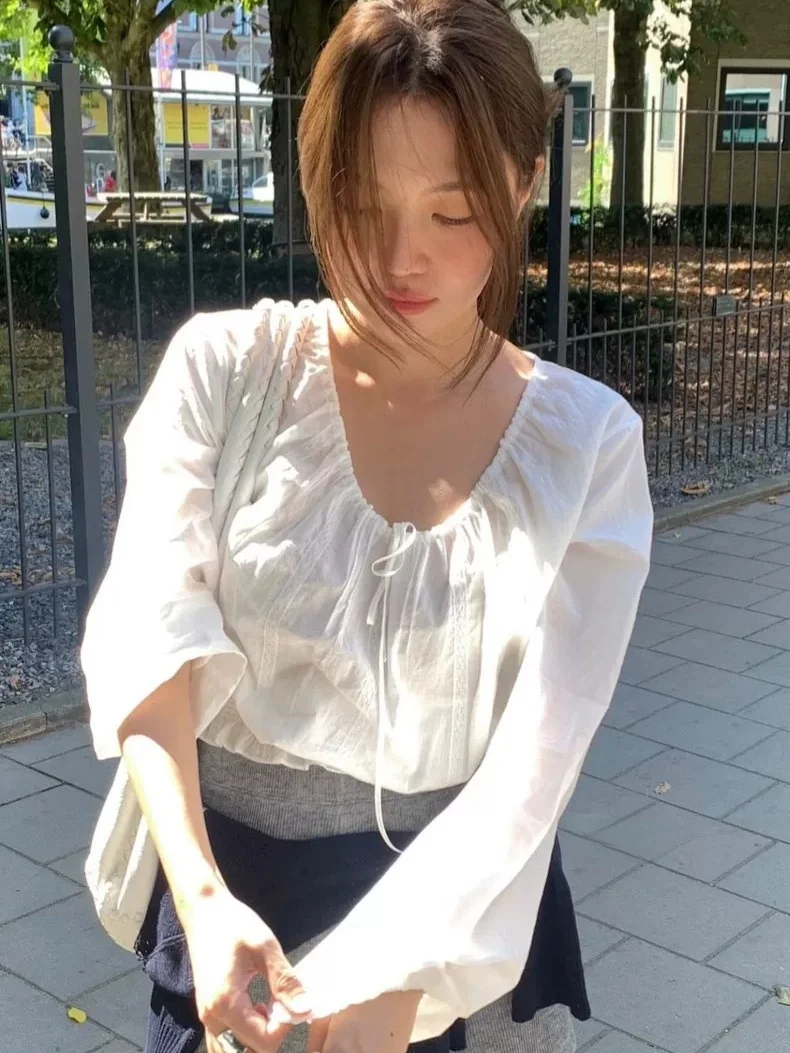 

Elegant Gentle Women's Cotton Shirt with Belt Fall New Style Dongdaemun Tanat White Shirt Loose Fit Long Sleeve Breathable