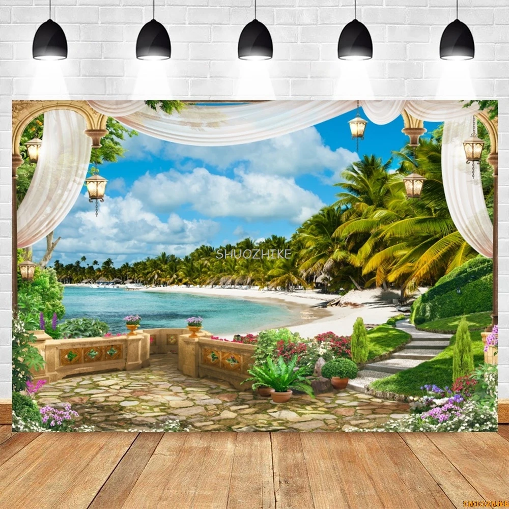 Летний морской пейзаж фон морской пляж балкон тропическая пальма замок натуральный фон для фотосъемки Декор фотостудия