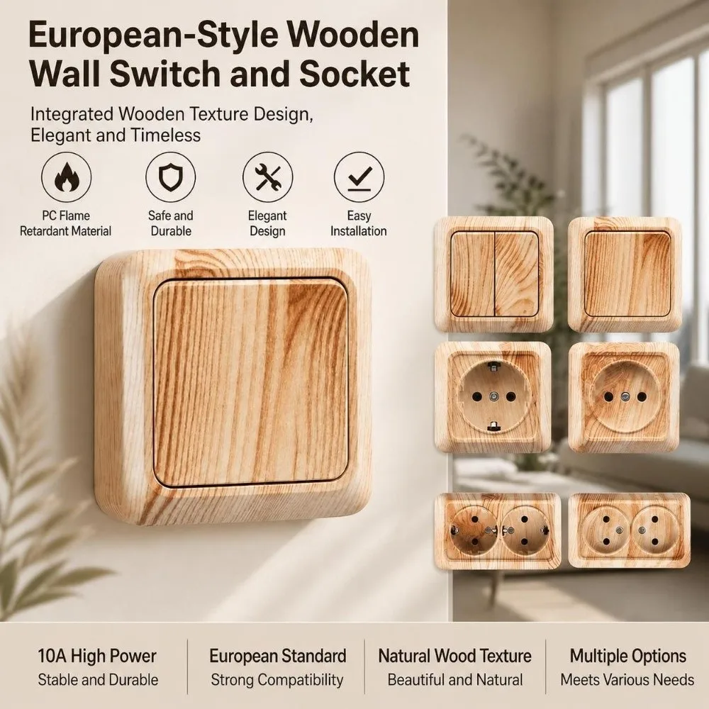Durable Plastic Wall Switch EU Standard Wood Grain EU Socket Square Power Socket Exterior Wall