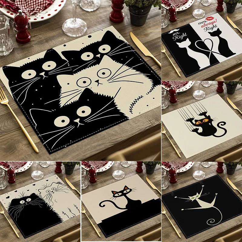 Cute Cat Pattern Printed Placemats Kitchen Dining Table Mat Decor Accessories Heat Resistant Linen Tableware Mats