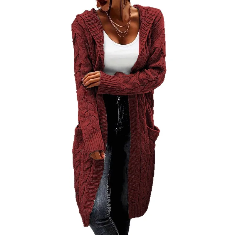 Cardigan da donna Autunno e inverno Maglione con torsioni di pasta fritta Cappotto lungo in maglia tinta unita Nuovo cardigan lavorato a maglia con tasca con cappuccio