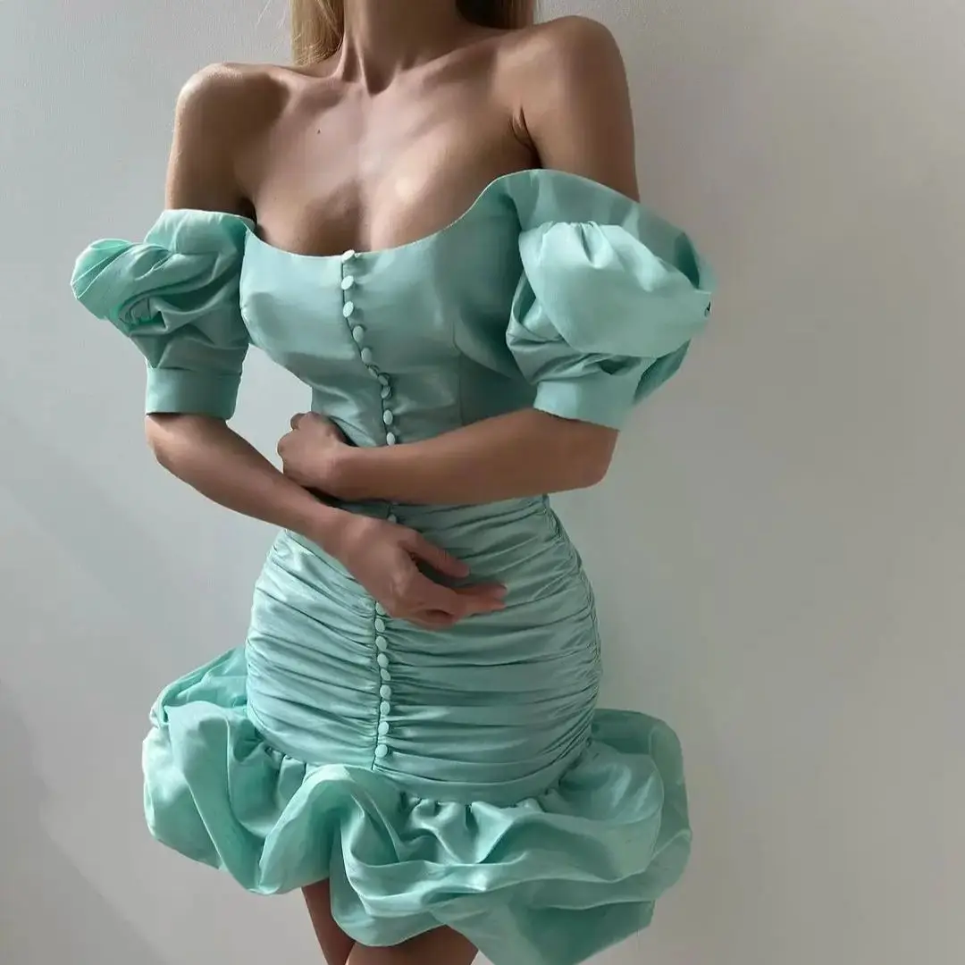 

2025 Pleated Mint Aqua Short Prom Dresses with Buttons Slim Women Formal Occasion Dress Vestidos de fiesta Party Dresses