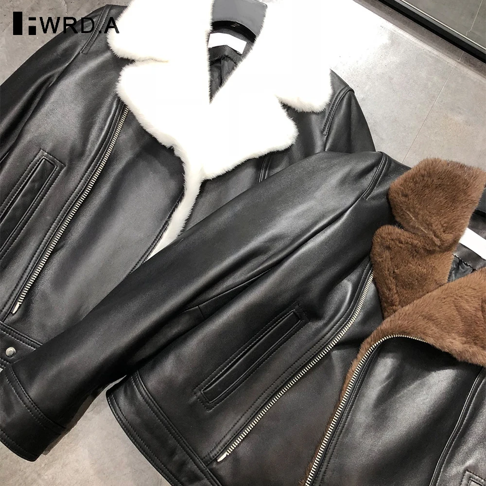 FWRD Giacca da motociclista in pelle di agnello con collo in pelliccia di visone per donna Cappotto invernale imbottito slim fit Capispalla da moto in pelle calda Moda # FWRD8694