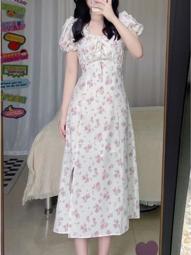 Short Sleeve Dresses Women Floral Mid-calf Drawstring Lovely Temperament  Females Vintage Sweet   High Waist Korean - AliExpress  200000345