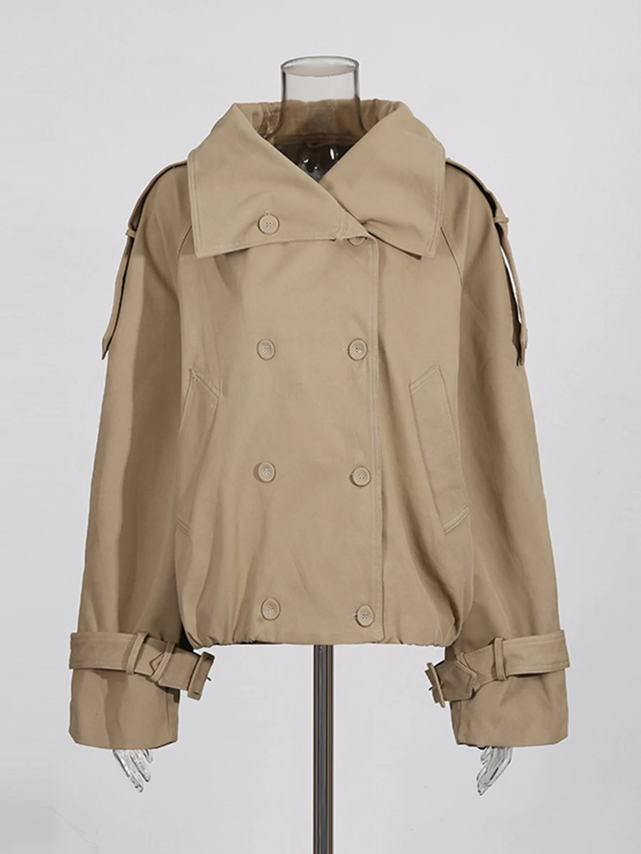 CHICEVER 카키색 스플라이스드 새시 스트리트웨어 재킷 여성용 라펠 긴 소매 루즈핏 한국 스타일 여성 재킷 가을 패션 신상