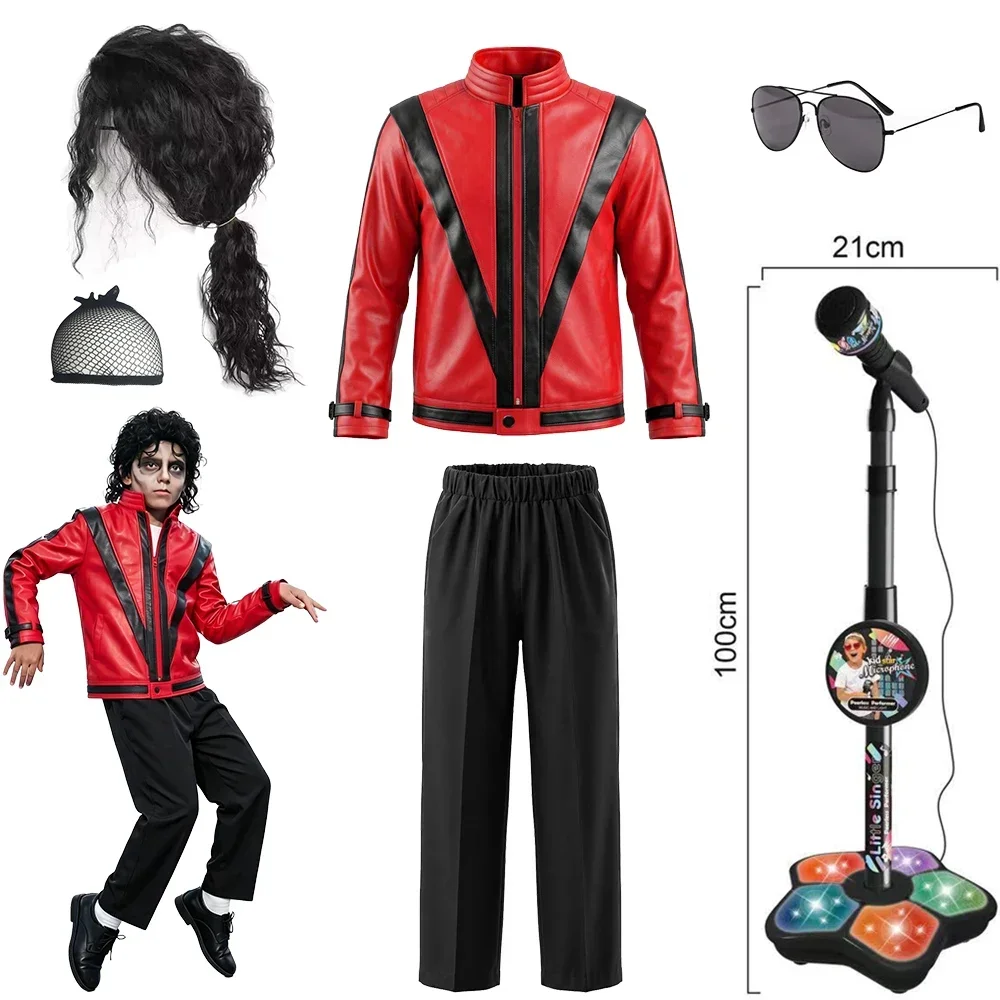 Boys Michael Red Leather Jacket Pant Set Jackson Halloween Scary Night 80s Vintage Pop Singer Thriller Party Performance Costume