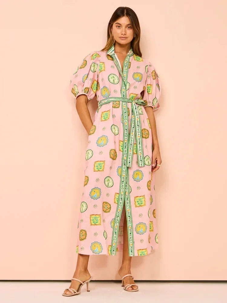 Robe mi-longue à manches courtes pour femmes, vintage, imprimé graphique, manches lanterne, mode décontractée, fête de vacances élégante, nouveau, 2024