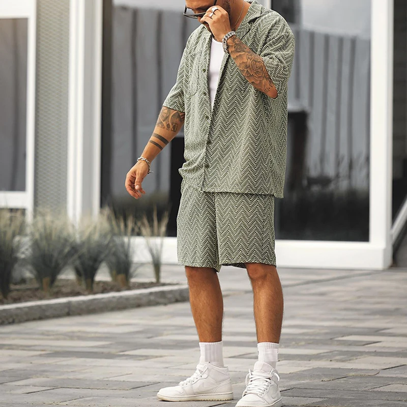 Vintage Men\'s Clothing Two Piece Suit Sportswear Summer Casual 2023 Fashion Button-up Lapel Shirts And Shorts Set Men Streetwear