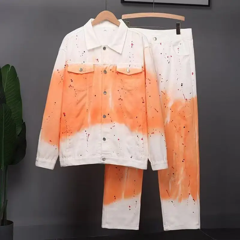 

Американская модная мужская джинсовая куртка Джинсы из двух частей Мужская свободная уличная стильная джинсовая куртка с длинными брюками Комплект