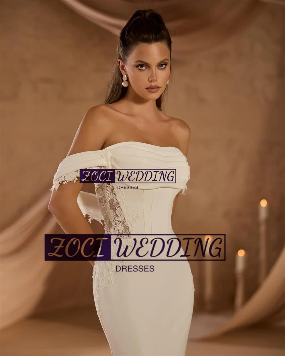 Zoci Sweetheart Mermaid Wedding Dresses Off Shoulder Elastic Satin Lace Bride Dress Customized Backless Beach Boho Bridal Dress