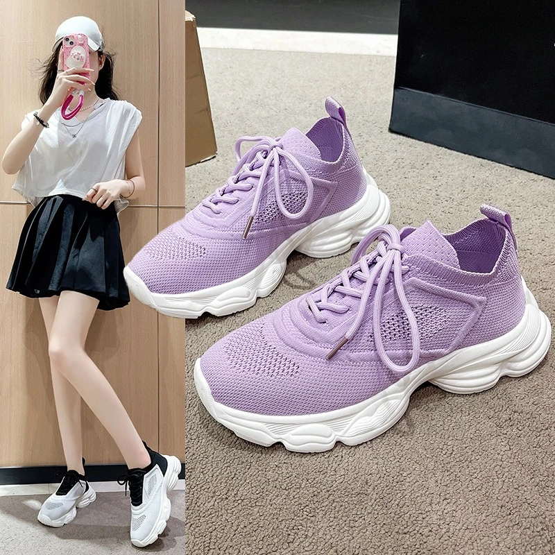 Fashion Women thick sole knitting Lace-Up Casual Sneakers Breathable Mesh Socks Shoes Comfortable non-slip wear-resistant Shoes