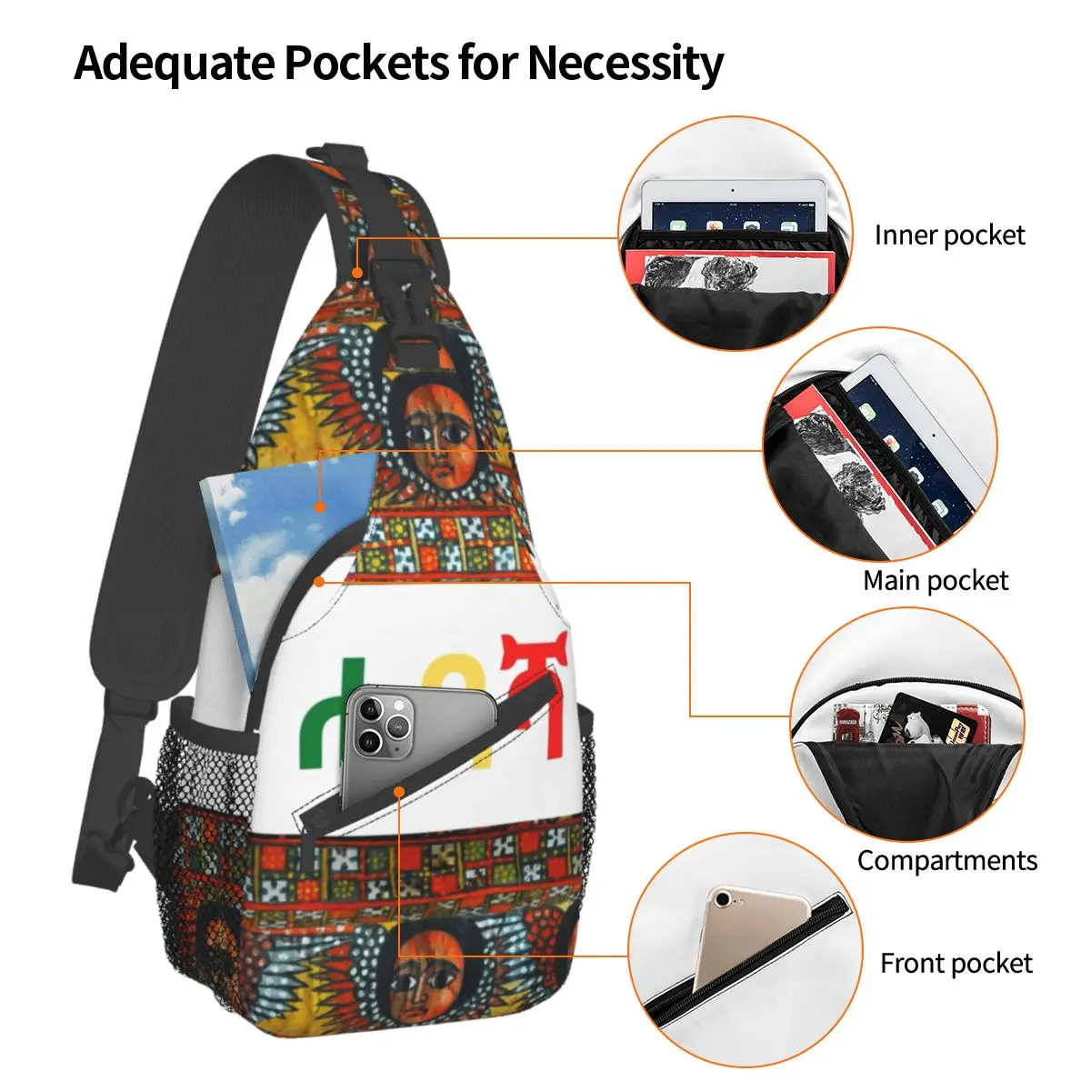 Ethiopian Pride Luxury Sling Bags Chest Crossbody Shoulder Sling Backpack Hiking Travel Daypacks African Art traditional Pack