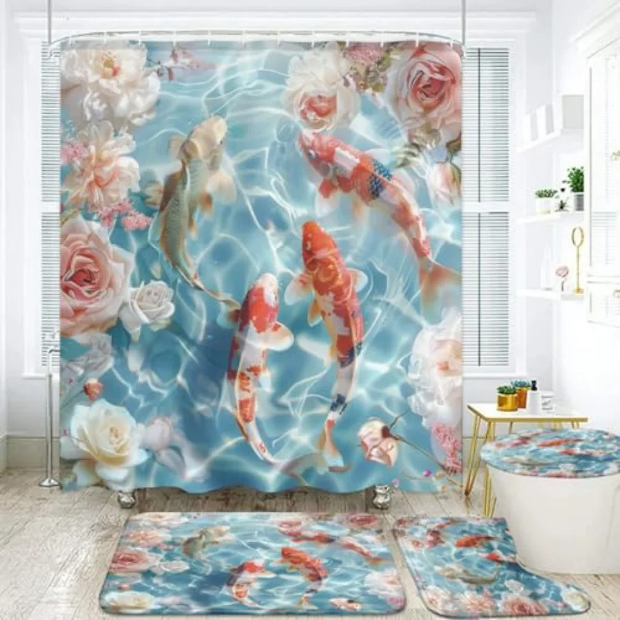 

Набор для ванной из 4 предметов: шторка для душа, коврик для ванной, накладка на крышку унитаза, U-образный коврик с узором «Кой» и «Роза», влагопоглощающий, 12 цветов