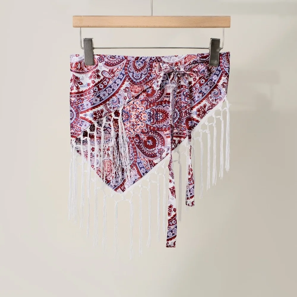 Fashion Paisley Print Hip Scarf Self-tie Tassel Fringe Triangle Cover Up Floral Bandana Style Waist Wrap For Women