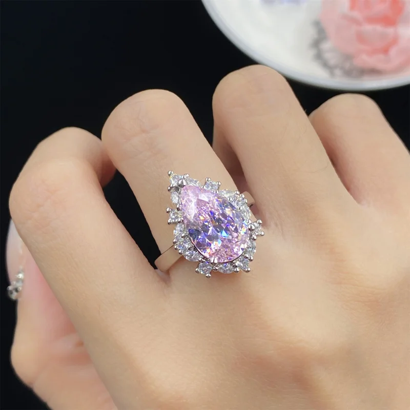 Starry Sky Cut Light Pink Zircon Comparable to Ice Flower Water Drop Shape Open Ring for Women Elegant Pendant Earrings Set