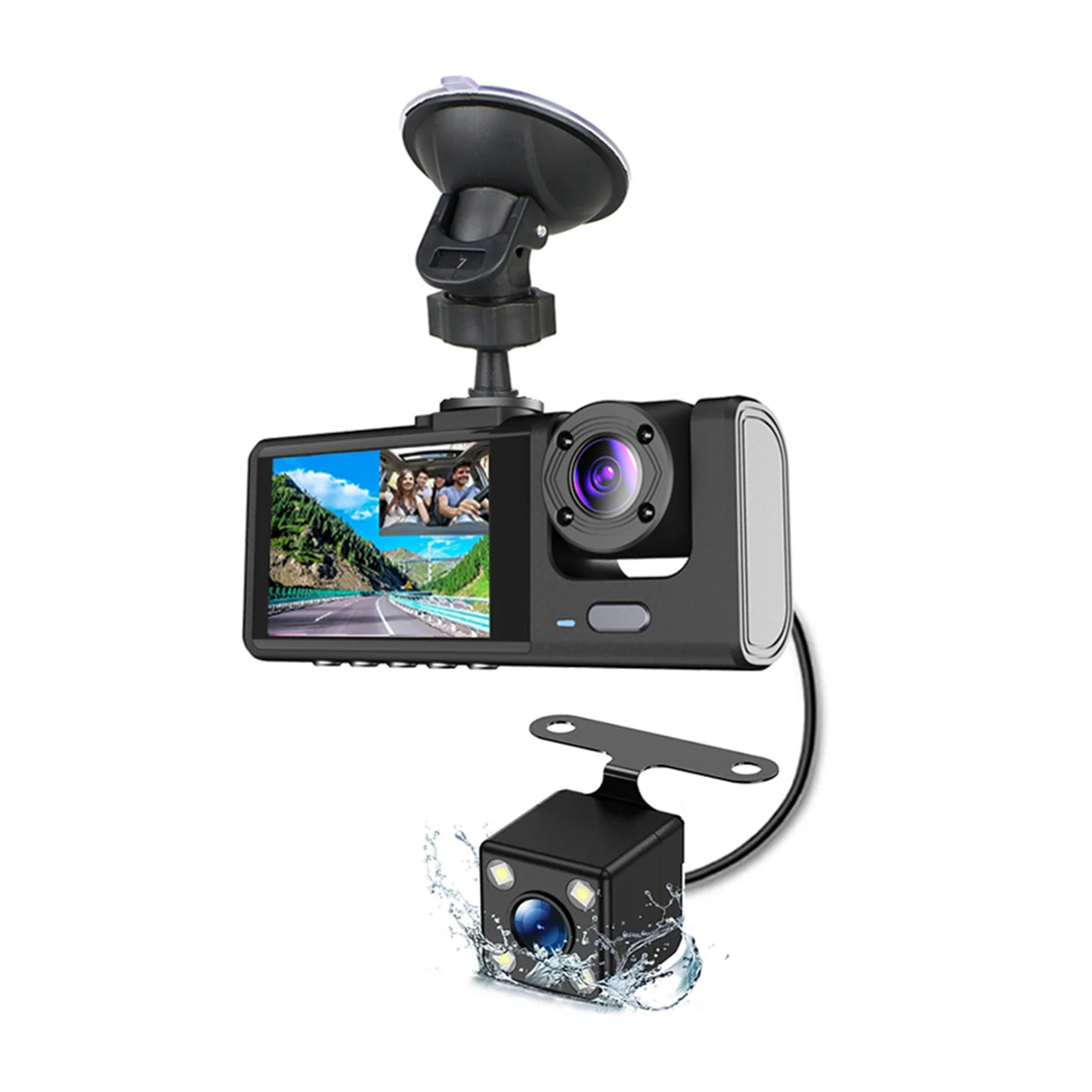 

3-Camera Front Rear Inside Car Driving Recorder with Package List: 1 Host with Front and In-Car Camera, 1 Rearview Camera, 1