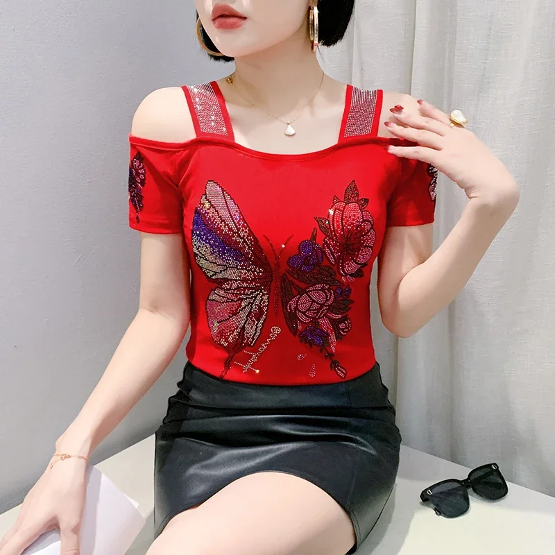 Fashion Sexy Off Shoulder Butterfly Hot Drilling Women's T-Shirt Luxury 2025 Summer New Collection Diamond Mesh Tops