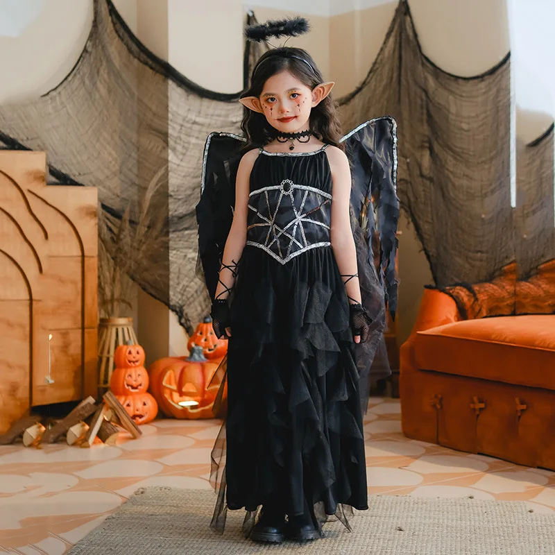 Halloween Costume Girl Spell Demon Angel Wings Dress Dark Elf Dress Black Kids Dress