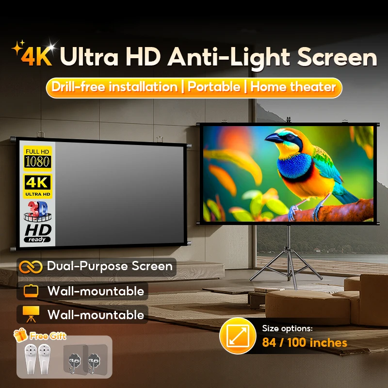 Projector Screen With Stand Metal Grey Anti-Light 84/100 inch For Home Theater Outdoor Bracket Projection Screen