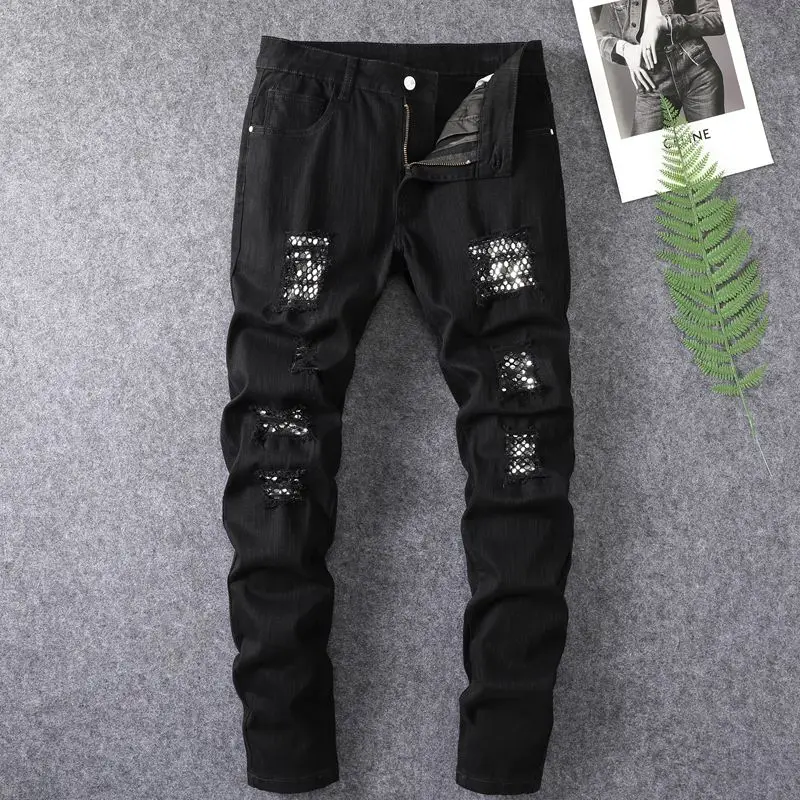 Black ripped tight jeans men's 2024 spring and summer hot work pants straight leg youth fashion casual slim fit denim pants