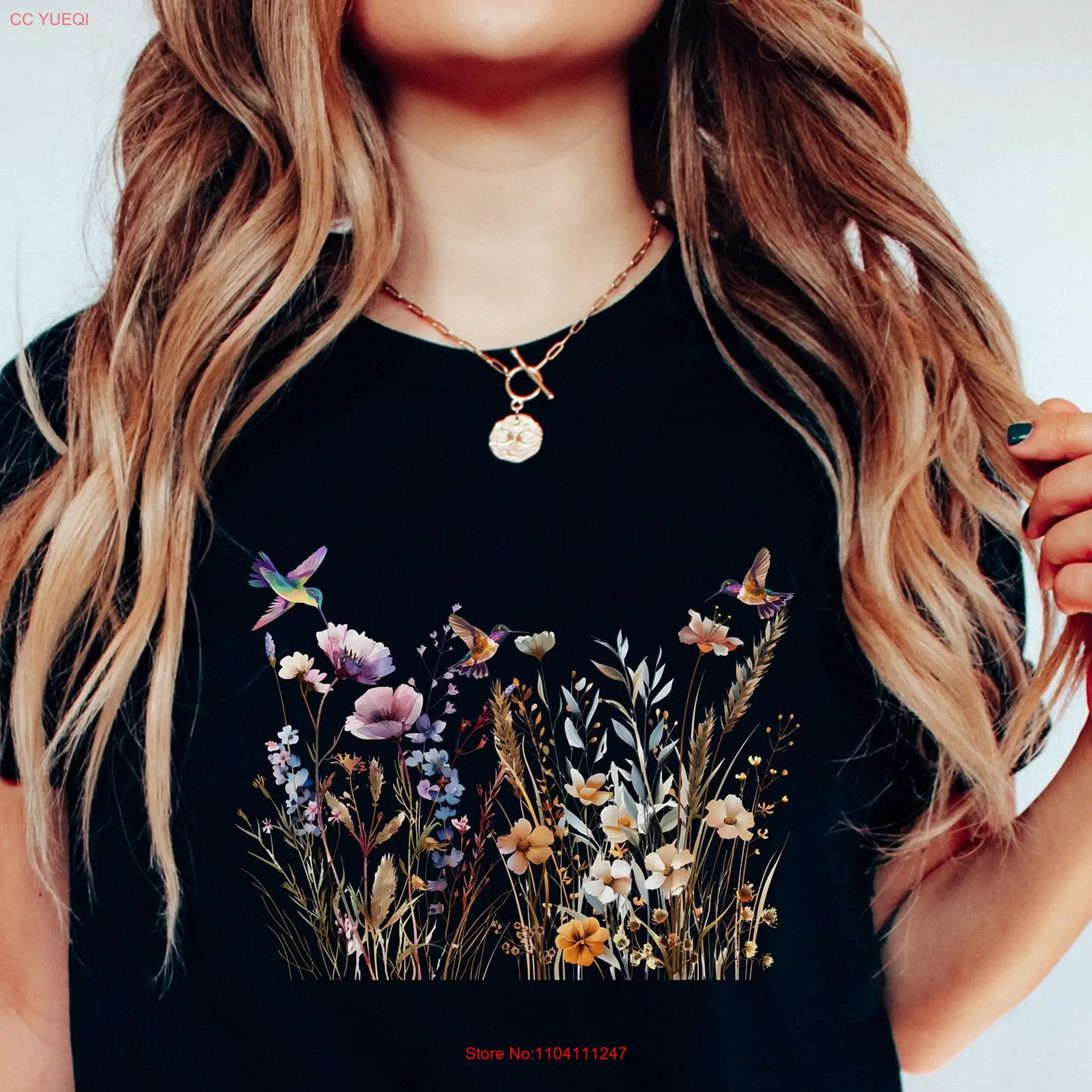 Wildflower T Shirt Humming Bird Floral Garden Nature Lover Pressed Flowers Design Gardening Botanical