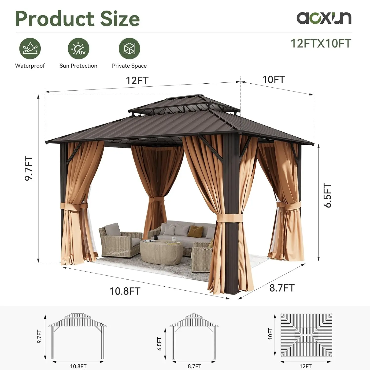 10x12 FT Brown Hardtop Metal Gazebo with Double Galvanized Steel Roof, LED Lights, Mosquito Netting and Privacy Curtains