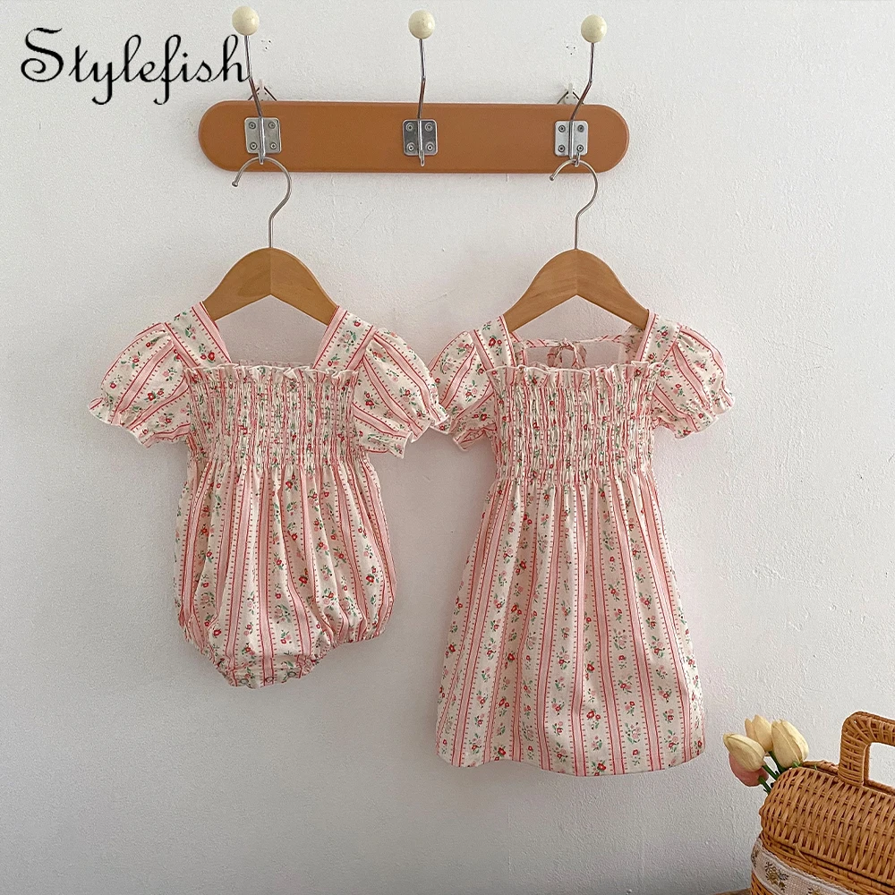 Ins summer new baby baby one-piece dress cotton baby girl sisters dress floral vertical strip short sleeve romper+long skirt