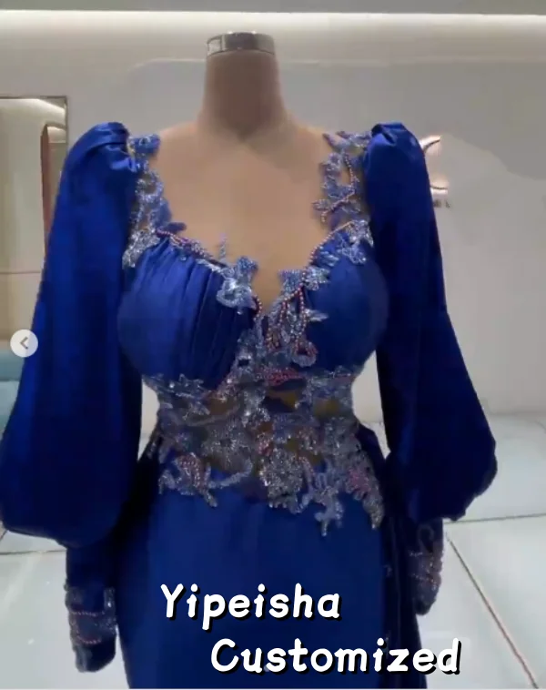 Robes de bal sirène en satin bleu royal personnalisées, décolleté en V, robes de soirée perlées, manches longues, robe formelle avec traîne de balayage