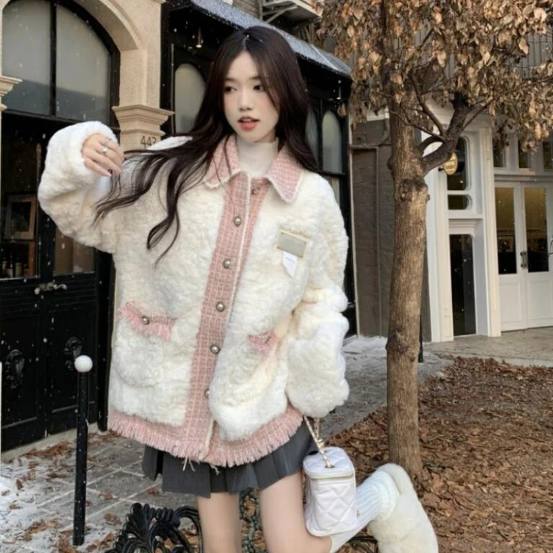 2023 New Women Fashion Pink Woolen Stitching Lamb Wool Coat Winter Female Elegant Casual Thicken Loose Environmental Fur Outwear