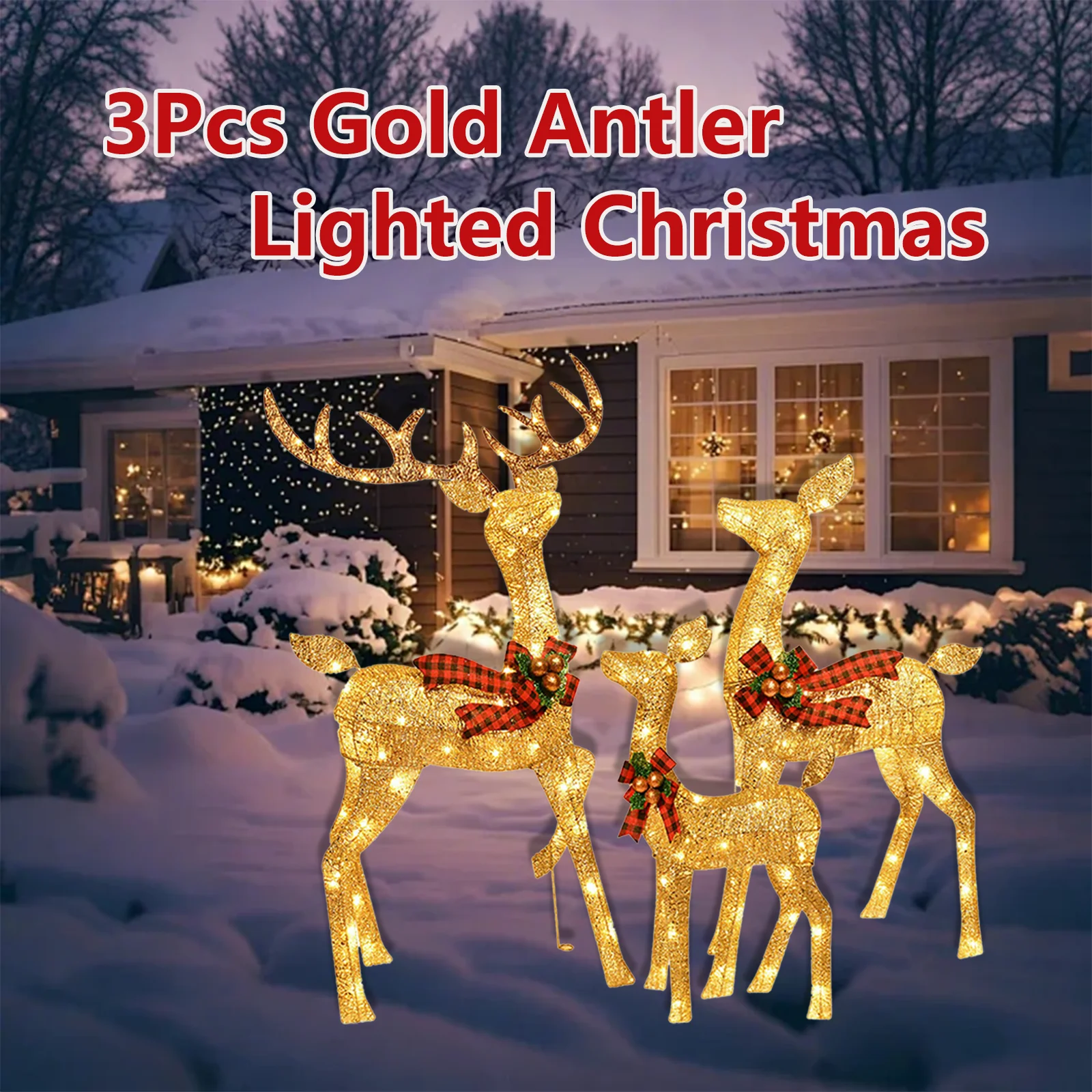 3D 3-Piece Large Deer Shape Lighted Christmas Reindeer with 210 LED Lights Yard Outdoor Decoration Set - Golden