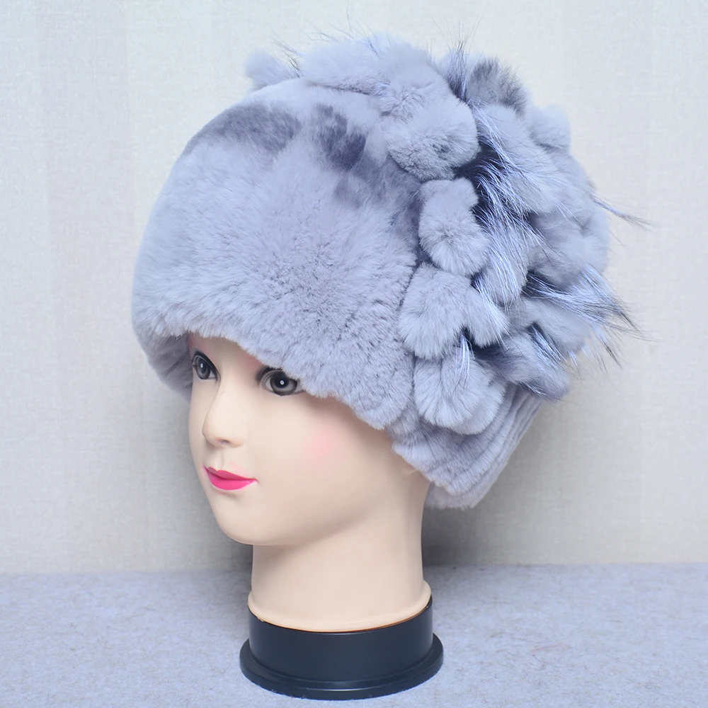 New Luxury Women Fur Hat For Winter Handmade Natural Rex Rabbit Fox Fur Cap Russian Female Fur Headgear Brand Warm Beanies Cap