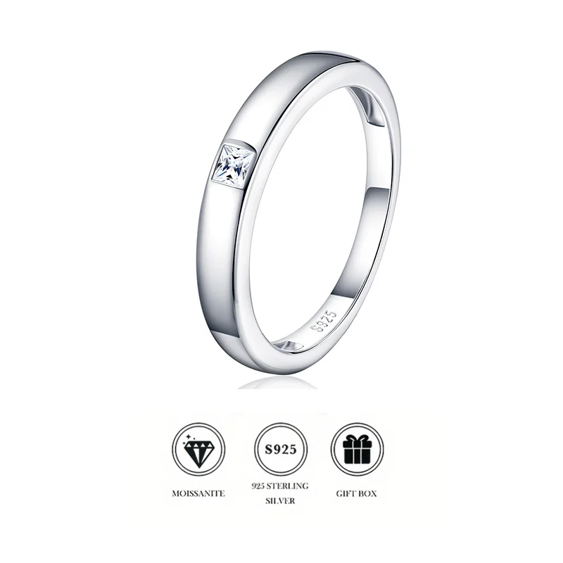 

Couple Matching Princess Cut Moissanite Ring, S925 Sterling Silver Plain Band Promise Ring, His & Hers Wedding Band Set