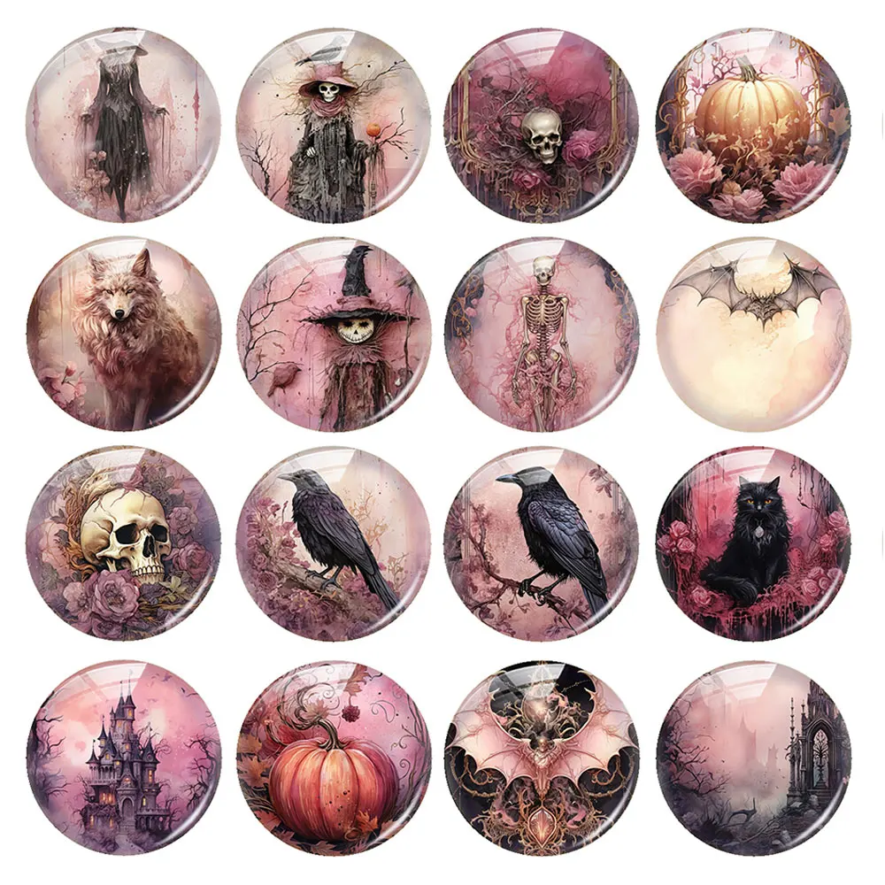 

Halloween Gothic Horror Pink Scarecrow Raven Skull Witch Pumpkin Photo Glass Cabochon Flatback Demo Cameo For Diy Jewelry Making