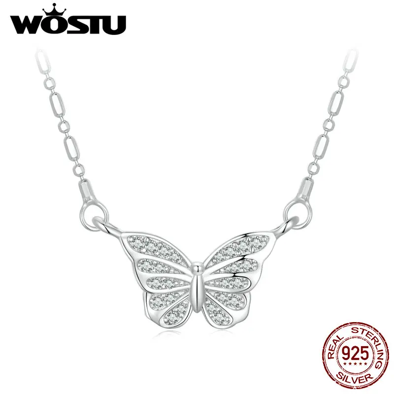 WOSTU Original 925 Sterling Silver Spiritual Butterfly Pendant Necklace for Women Fine Jewelry Party Wedding Daily Gift