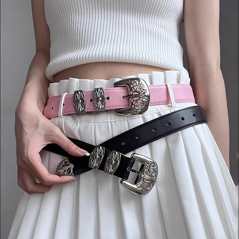 Women's Y2K Sweet Cool Western Belt, Vintage Carved Metal Buckle, Multi-color, For Denim Skirts & Jeans, Trendy Waist Decor