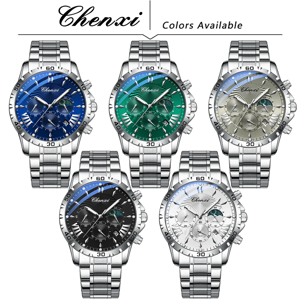Business Men's Watch Luminous Waterproof Round Dial Man Watch CHENXI Calendar Display Stainless Steel Band Men's Wristwatch