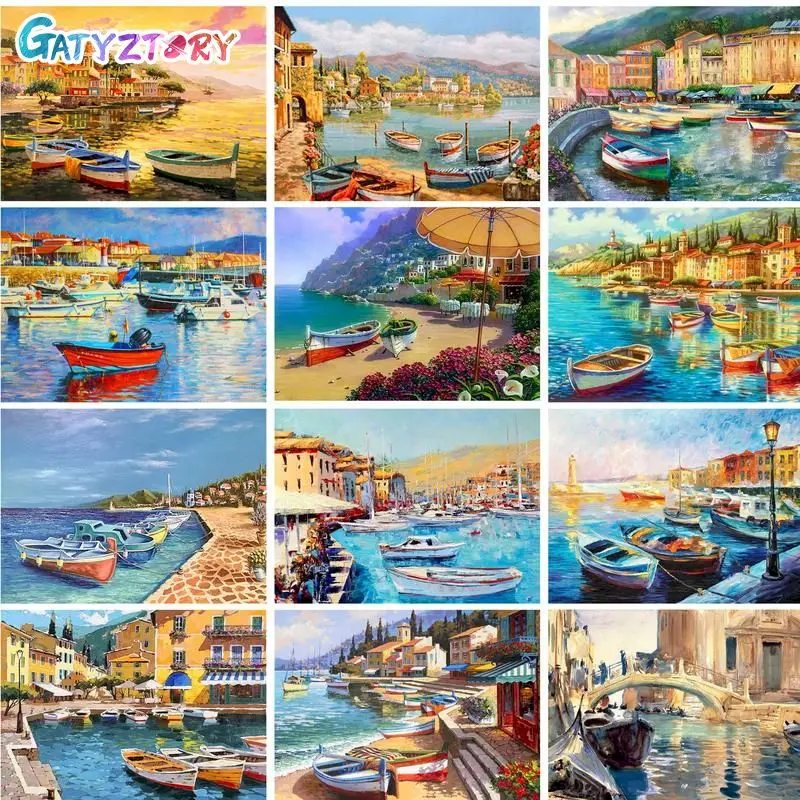 

GATYZTORY Oil Painting By Numbers Sea Harbor Landscape Coloring By Numbers Gift Handicrafts Acrylic Paint Kit Share With Familie