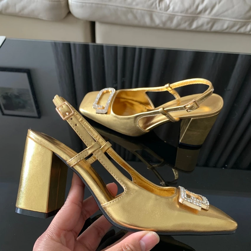 Fashion Woman High heels Gold Mules Heels for Women Chunky Rhinestone Elegant Heeled Slingback Shoes Modern Office Wedding Pumps