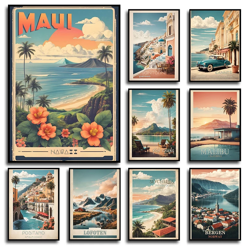 Vintage Travel French Cannes Fiji Beach Palm Landscape Posters and Prints Canvas Printing Wall Art Picture for Living Room Decor