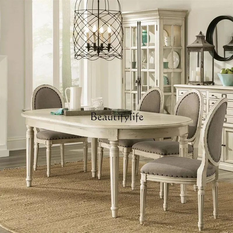

American country solid wood dining table European retro old oval dining table French antique desk