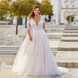 Plus Size Wedding Dresses V-Neck Three Quarter Sleeves Lace Up Bride Gowns Tulle A-Line Sweep Train Vestido De Noiva PSL98005