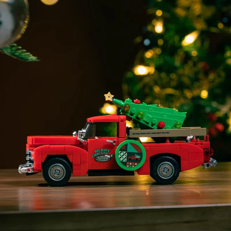 새로운 산타 클로스 레드 픽업 트럭 모델 PB8849 컨테이너 레이싱 차량 빌딩 블록 벽돌 어린이 MOC 장난감 크리스마스 선물 트리