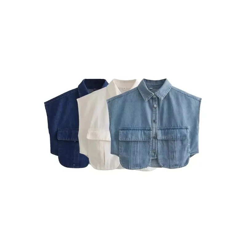 

Women Fashion With Pockets Cropped Denim Shirts Sexy Sleeveless Button-up Female Blouses Blusas Chic Tops